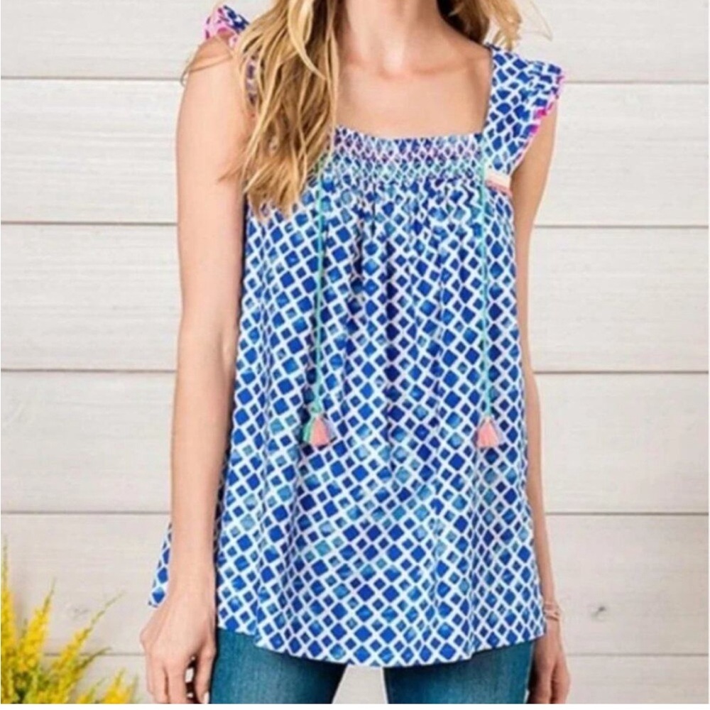 Matilda Jane Wandering Waters Tank Blouse Blue Flowy Tassel Boho Tunic Top MED